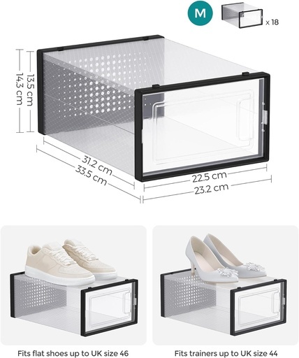 Pack of 18 Foldable and Stackable Shoe Boxes Fit up to AU Size 11 Transparent and Black