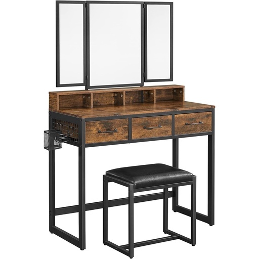Dresser Table with Trifold Mirror Rustic Brown and Black