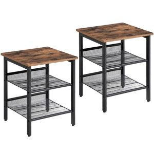 Side Table Set Nightstand Industrial Set of 2 Bedside Tables with Adjustable Mesh Shelves Rustic Brown and Black