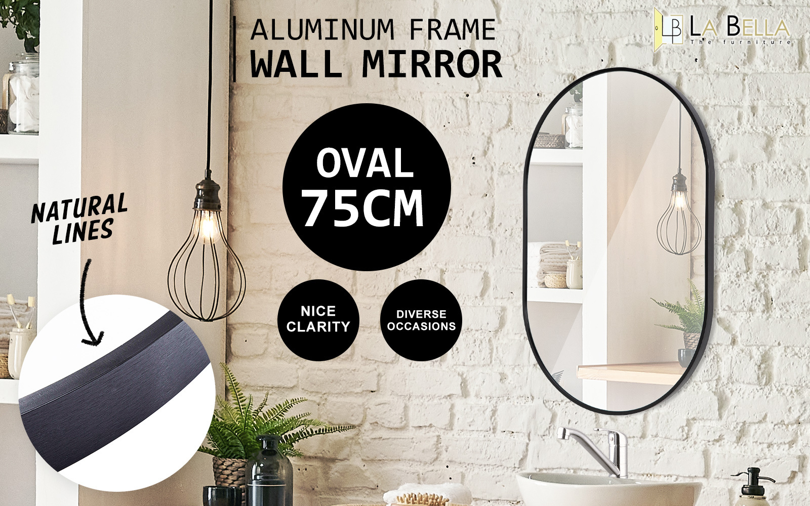 2 Set Black Wall Mirror Oval Aluminum Frame Makeup Decor Bathroom Vanity 50x75cm