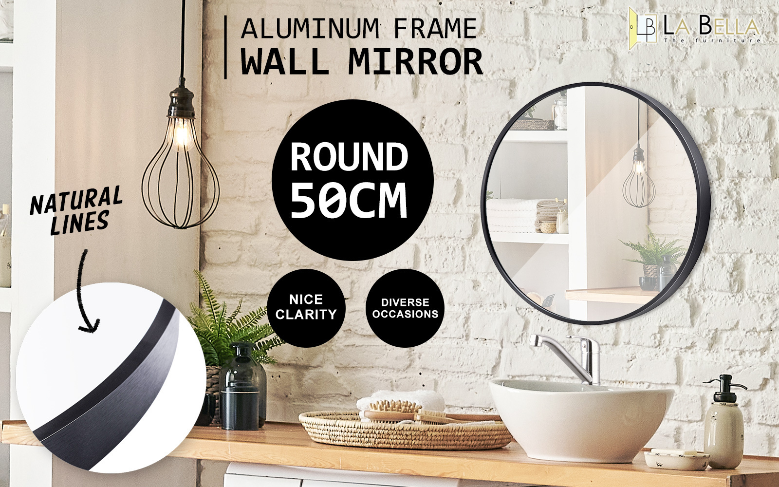 2 Set Black Wall Mirror Round Aluminum Frame Makeup Decor Bathroom Vanity 50cm