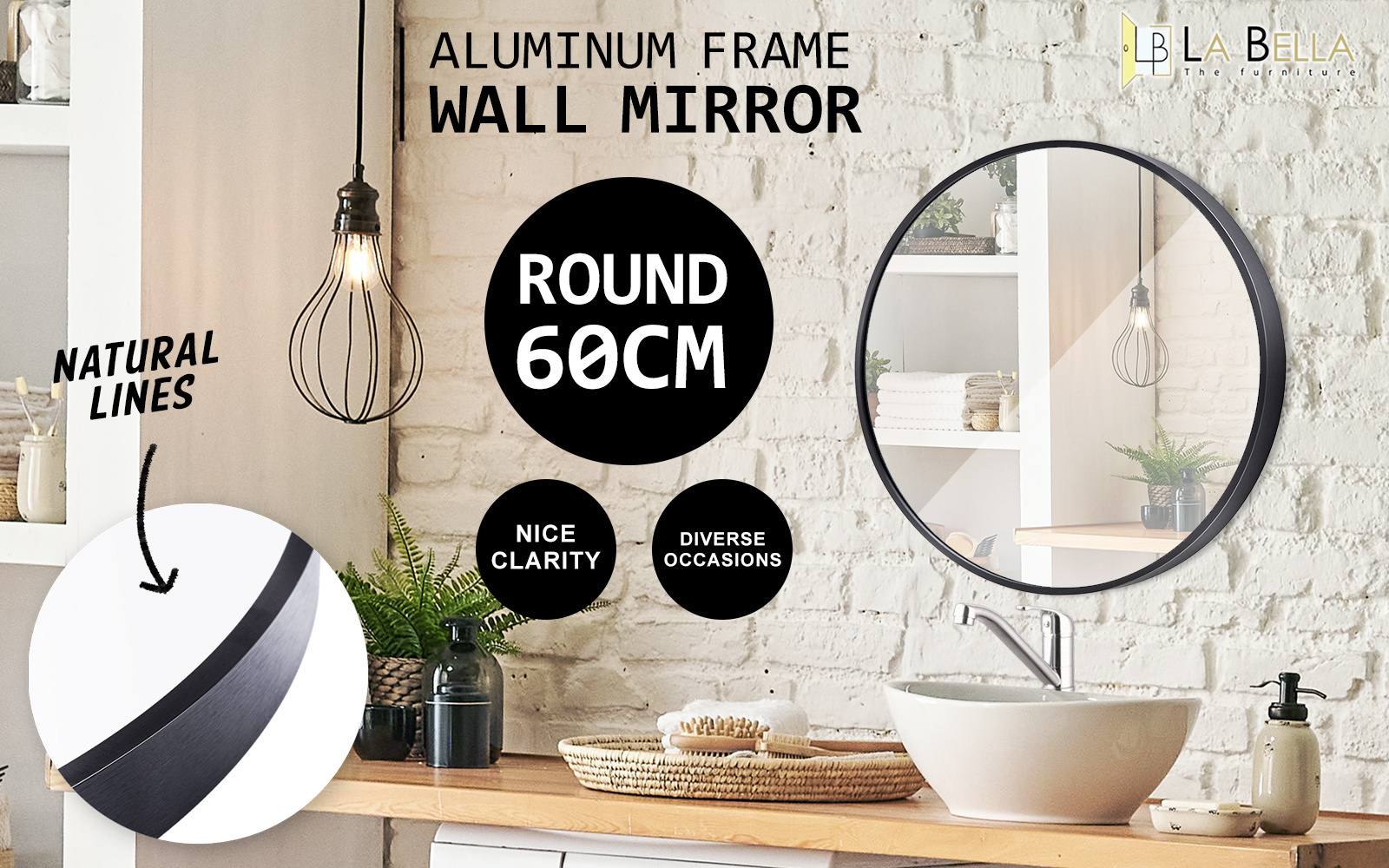 2 Set Black Wall Mirror Round Aluminum Frame Makeup Decor Bathroom Vanity 60cm