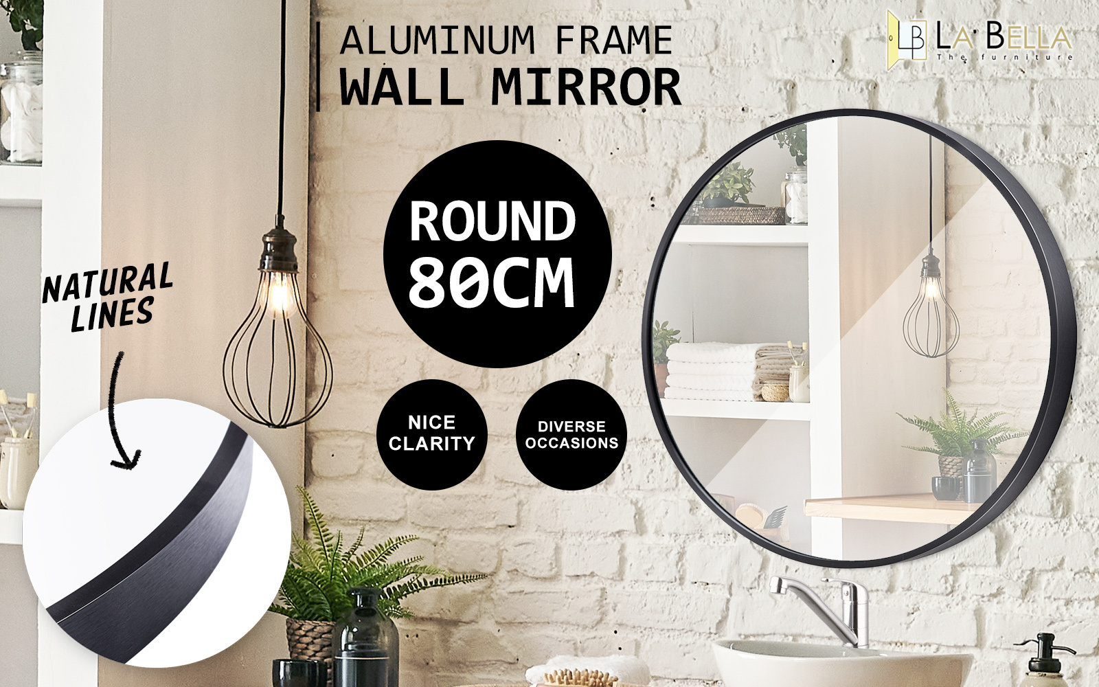 2 Set Black Wall Mirror Round Aluminum Frame Makeup Decor Bathroom Vanity 80cm