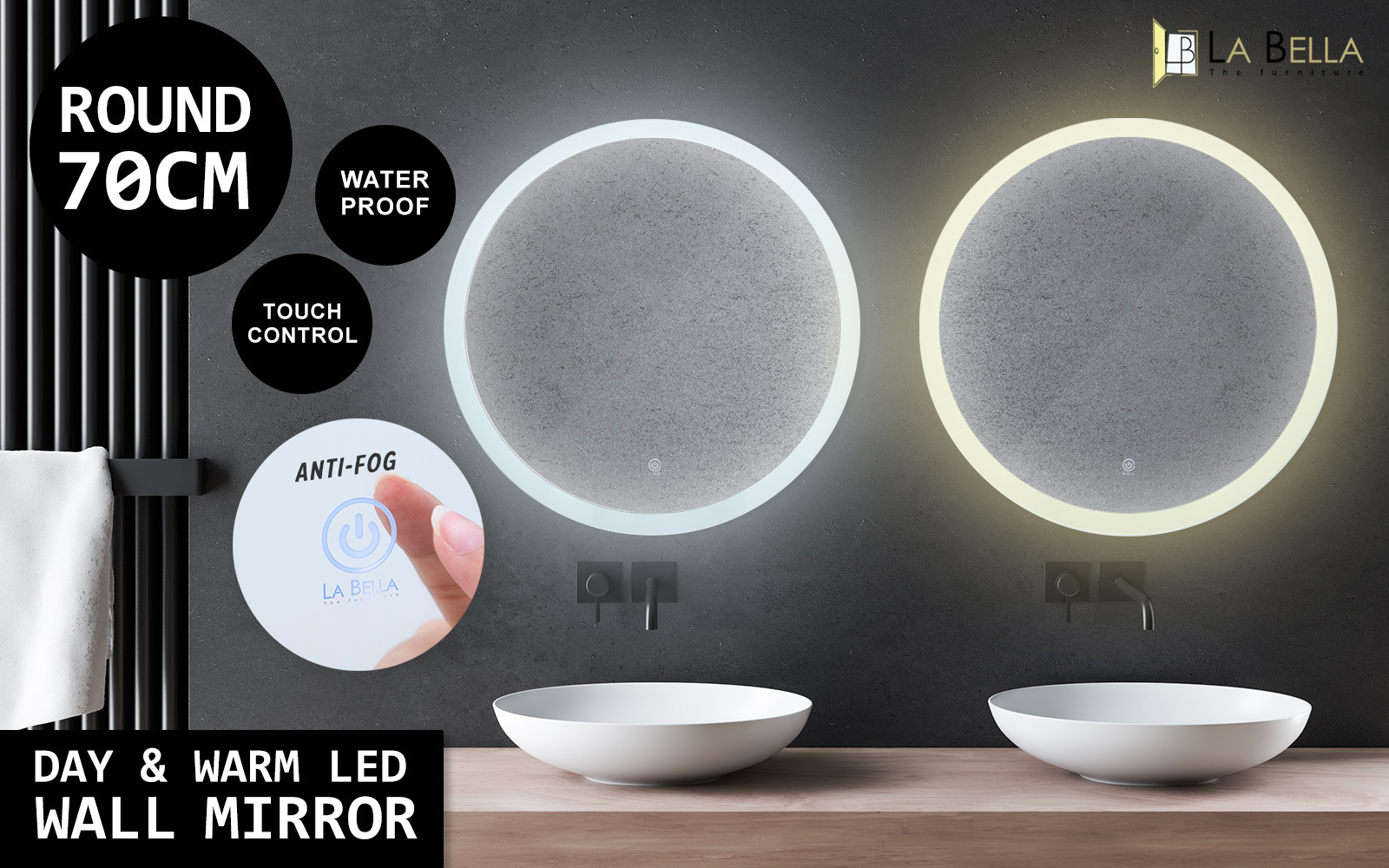 2 Set LED Wall Mirror Round Touch Anti-Fog Makeup Decor Bathroom Vanity 70cm