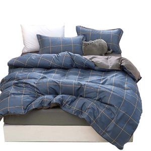 Blue Plaid Pattern Aloe Cotton Flat Sheet Quilt Cover Pillowcases 4pcs Bedding Set Duvet Doona Quilt Cover Set (Queen)