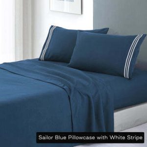 soft microfibre embroidered stripe sheet set double Sailor Blue Pillowcase White Stripe