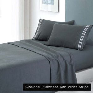 soft microfibre embroidered stripe sheet set king charcoal pillowcase white stripe