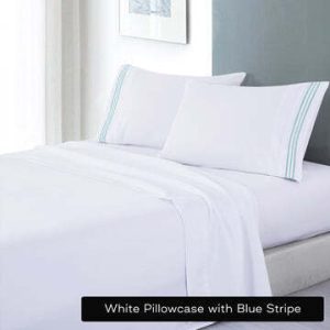 soft microfibre embroidered stripe sheet set queen white pillowcase blue stripe