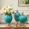 42.50cm Ceramic Oval Flower Vase with Gold Metal Base Dark Blue