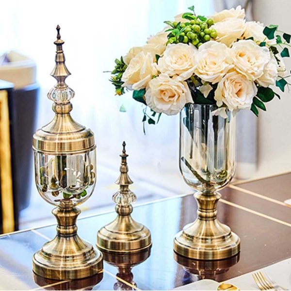 2X Clear Glass Flower Vase with Lid and White Flower Filler Vase Bronze Set