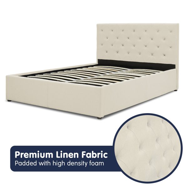 Double Fabric Gas Lift Bed Frame with Headboard – Beige