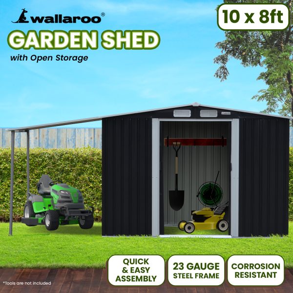 Wallaroo Zinc Steel Garden Shed with Open Storage – Black – 10 x 8 FT