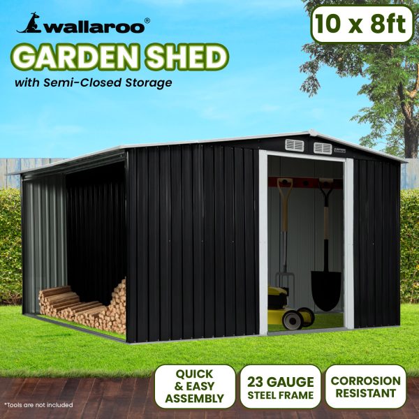 Wallaroo Garden Shed with Semi-Closed Storage – Black – 10 x 8 FT