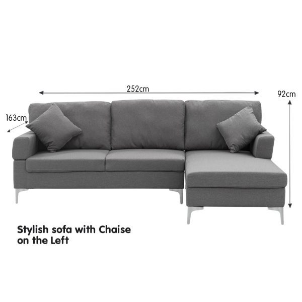 Terrytown Linen Corner Sofa Couch Lounge L-shape w/ Left Chaise D.Grey