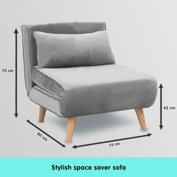 Mosgiel Adjustable Chair Single Sofa Bed Faux Velvet – Light Grey