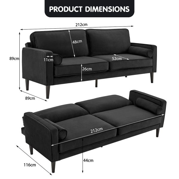 Air Faux Velvet Sofa Bed Couch Furniture Lounge Suite – Black