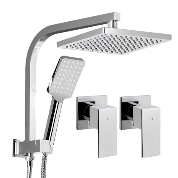 Bathroom Taps Faucet Rain Shower Head Set Hot And Cold Diverter DIY – Silver, Shower Head Set + Shower Taps Set