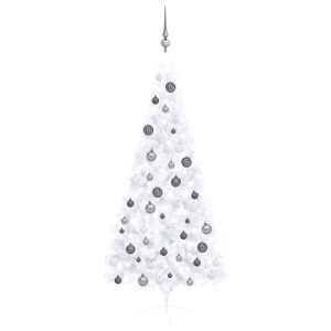 Artificial Half Christmas Tree with LEDs&Ball Set – 180×115 cm, White and Grey
