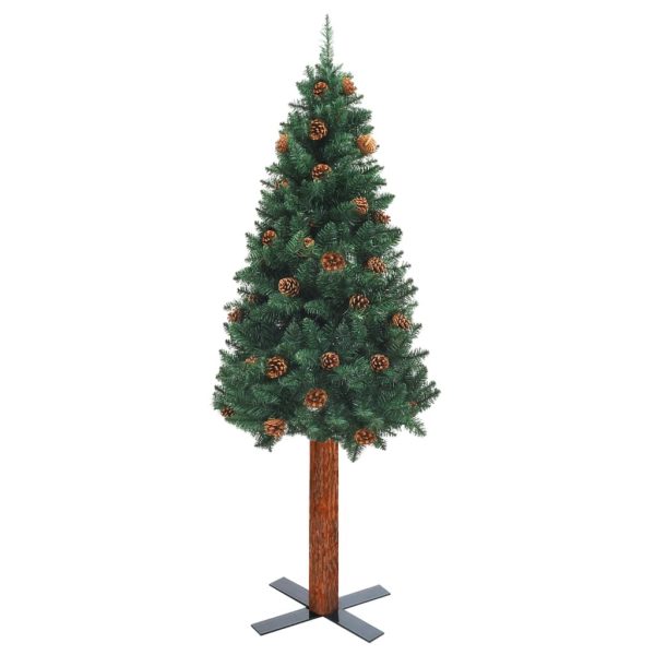 Slim Christmas Tree with LEDs&Real Wood&Cones – 150×66 cm, Green