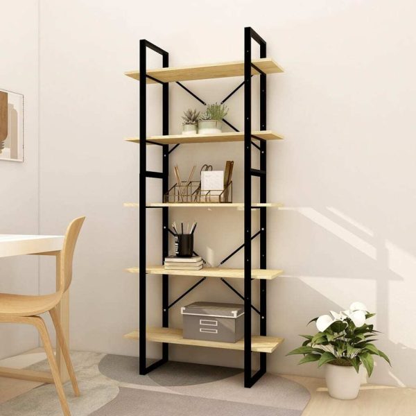 5-Tier Book Cabinet Pinewood – 80x30x175 cm, Black and Light Brown