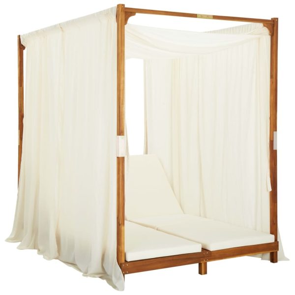 Double Sun Lounger with Curtains & Cushions Solid Acacia Wood