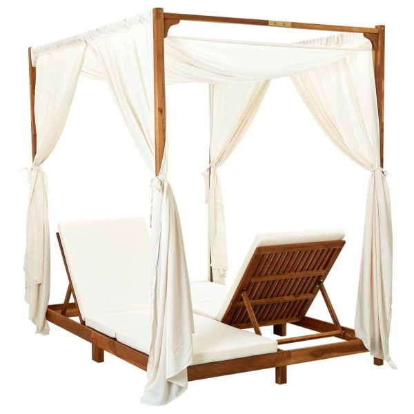 Double Sun Lounger with Curtains & Cushions Solid Acacia Wood – Cream White