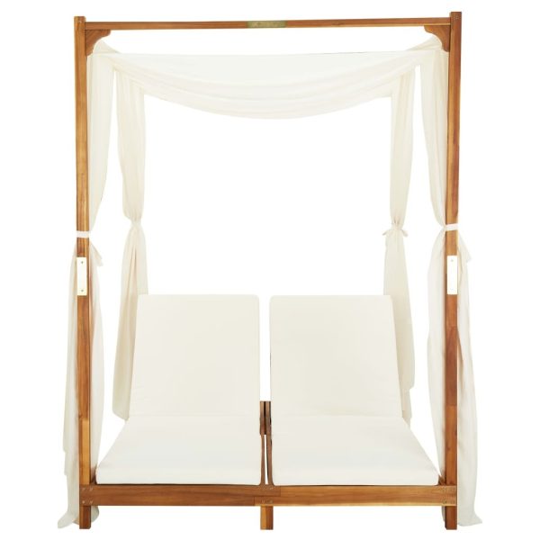 Double Sun Lounger with Curtains & Cushions Solid Acacia Wood – Cream White