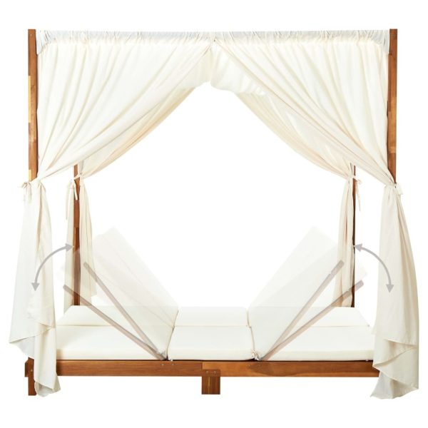 Double Sun Lounger with Curtains & Cushions Solid Acacia Wood – Cream White