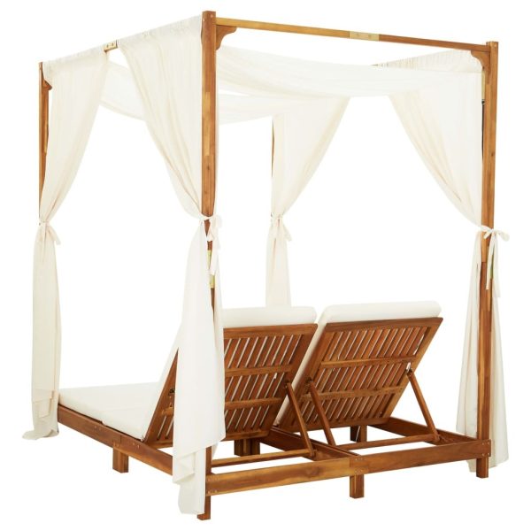 Double Sun Lounger with Curtains & Cushions Solid Acacia Wood – Cream White