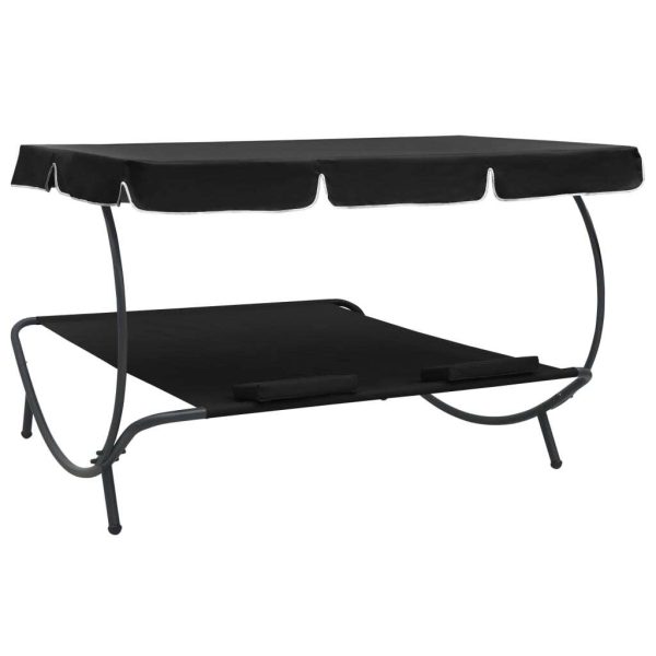 Outdoor Lounge Bed with Canopy and Pillows – Black