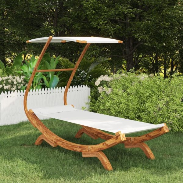 Outdoor Lounge Bed with Canopy Solid Bent Wood – 100x190x134 cm, Cream