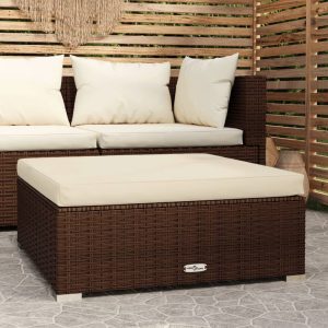 Garden Footrest with Cushion 70x70x30 cm Poly Rattan – Brown and Cream