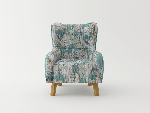 Armchair High back Lounge Accent Chair Designer Printed Fabric Upholstery with Wooden Leg