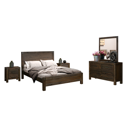 4 Pieces Bedroom Suite in Solid Wood Veneered Acacia Construction Timber Slat King Size Chocolate Colour Bed, Bedside Table & Dresser