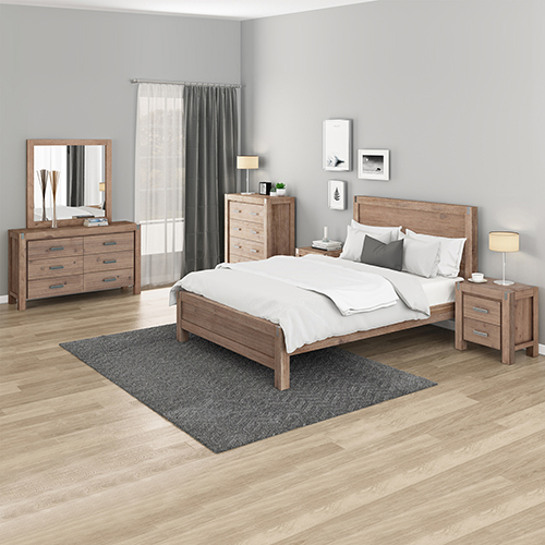 5 Pieces Bedroom Suite in Solid Wood Veneered Acacia Construction Timber Slat King Single Size Oak Colour Bed, Bedside Table , Tallboy & Dresser