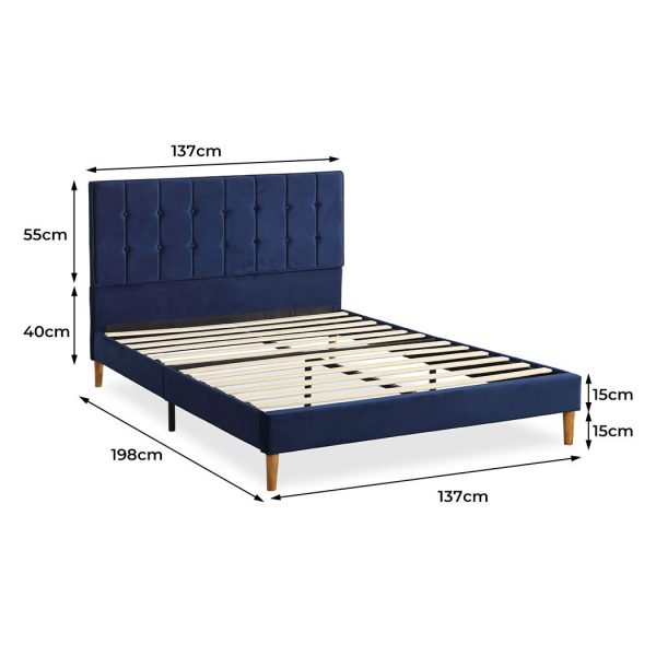 Bed Frame Mattress Base Platform Wooden Velevt Headboard – DOUBLE, Blue