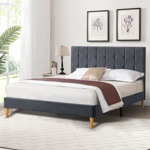 Bed Frame Mattress Base Platform Wooden Velevt Headboard – DOUBLE, Grey