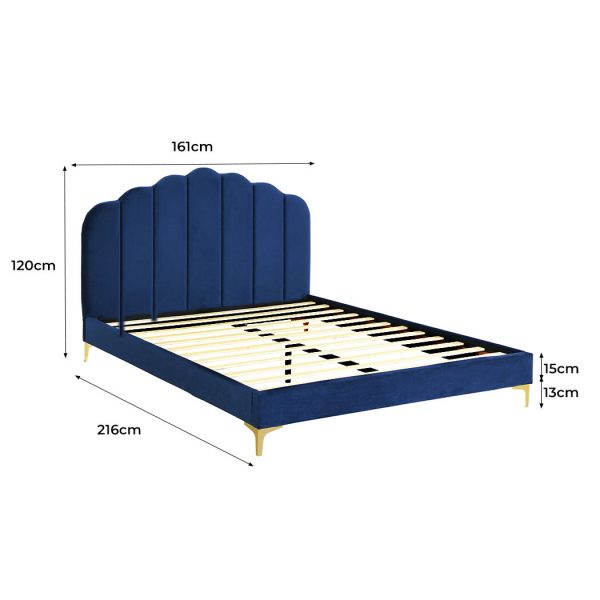 Adwick Bed Frame Mattress Base Platform Wooden Velevt Headboard – QUEEN, Blue