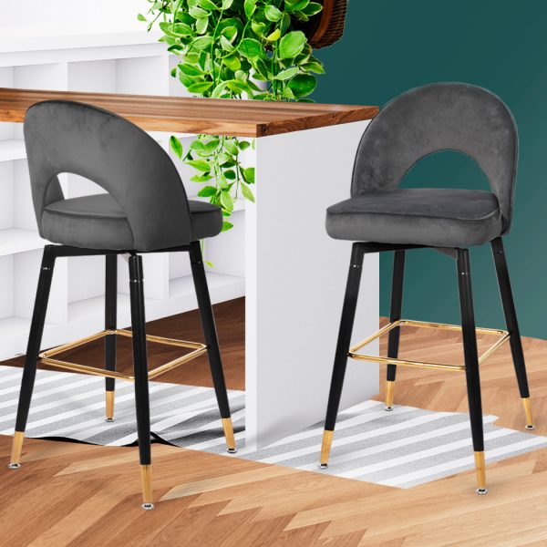 2x Bar Stools Kitchen Stool Chairs Velvet Swivel Barstools Luxury – Grey
