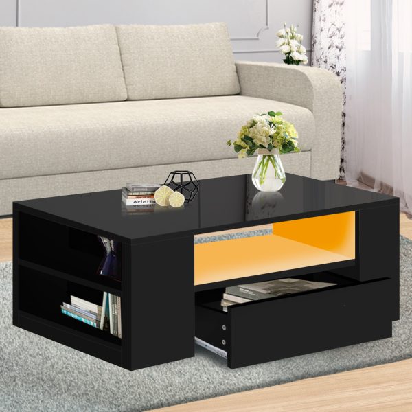 Coffee Table LED Lights High Gloss Storage Drawer Living Room – Black