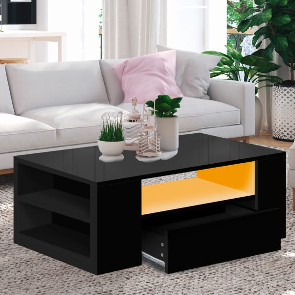 Coffee Table LED Lights High Gloss Storage Drawer Living Room