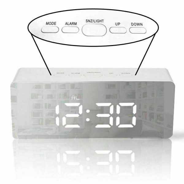 Digital LED Mirror Alarm Clock Temperature LED Light Table Time Bedside Clock AU – White