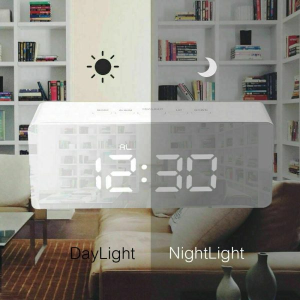 Digital LED Mirror Alarm Clock Temperature LED Light Table Time Bedside Clock AU – White