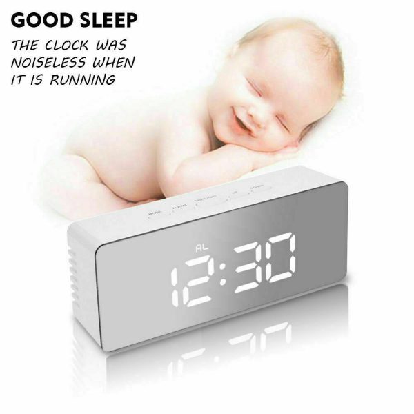 Digital LED Mirror Alarm Clock Temperature LED Light Table Time Bedside Clock AU – White