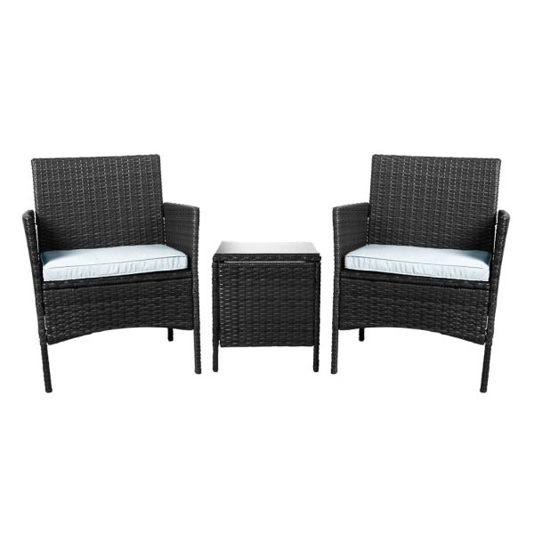 Outdoor Furniture Set Patio Garden 3 Pcs Chair Table Rattan Wicker Cushion Seat – Black