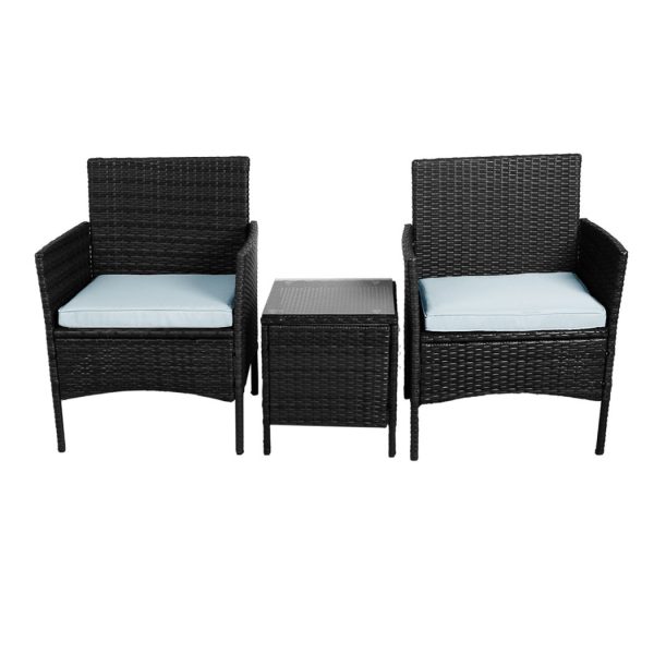 Outdoor Furniture Set Patio Garden 3 Pcs Chair Table Rattan Wicker Cushion Seat – Black