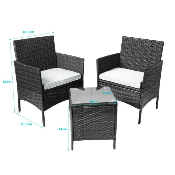 Outdoor Furniture Set Patio Garden 3 Pcs Chair Table Rattan Wicker Cushion Seat – Black