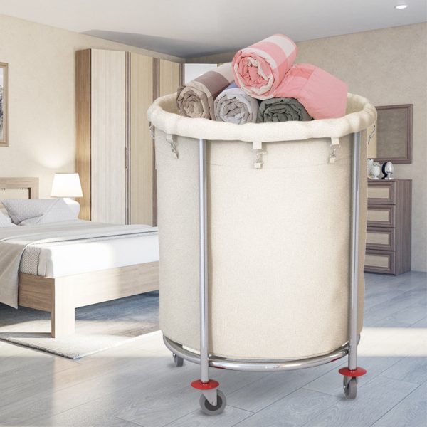 Stainless Steel Commercial Round Soiled Linen Laundry Trolley Cart with Wheels White