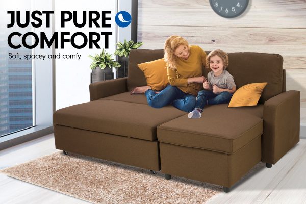 Derby 3-Seater Corner Sofa Bed Lounge Storage Chaise Couch – Brown