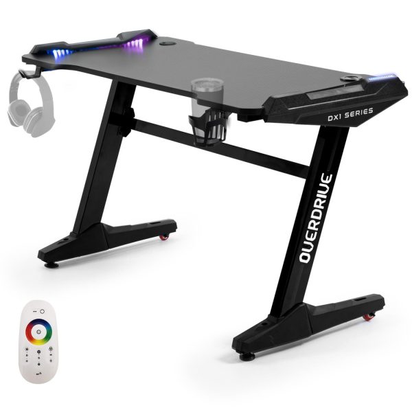 OVERDRIVE Gaming Desk, 120x60cm, Carbon Fiber Styling, LED Lights, Headset Hanger, Cup Holder, Cable Management, Black